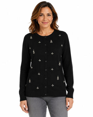 Ann Taylor Loft Thin Black Cardigan Rhinestones Beaded 100% Cotton Sweater